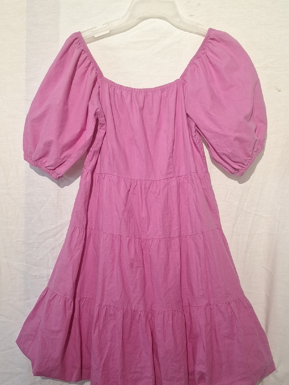 3/$20- Pink Cotton Boho Puff-Sleeve Tiered Midi Dress, Made In India, 4